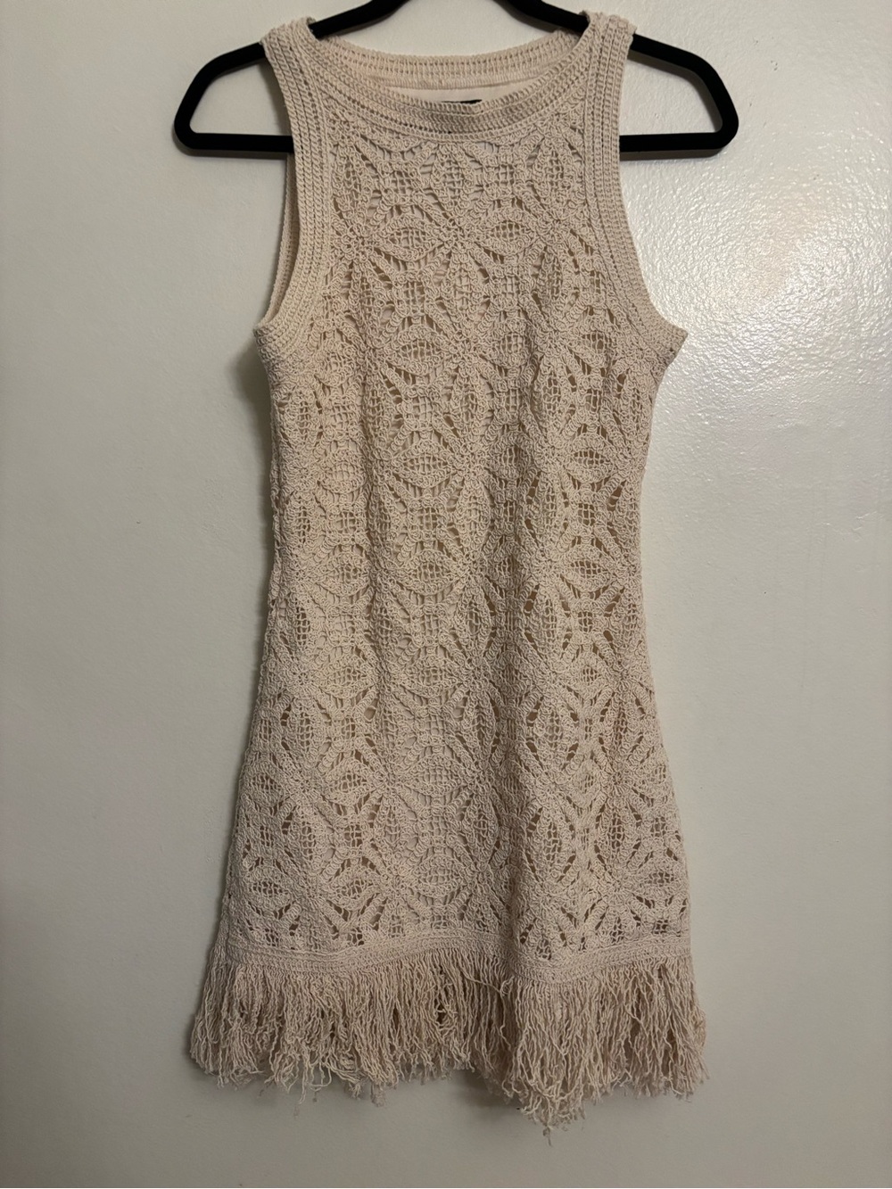 Zara Beige Crochet Fringe Tank Dress